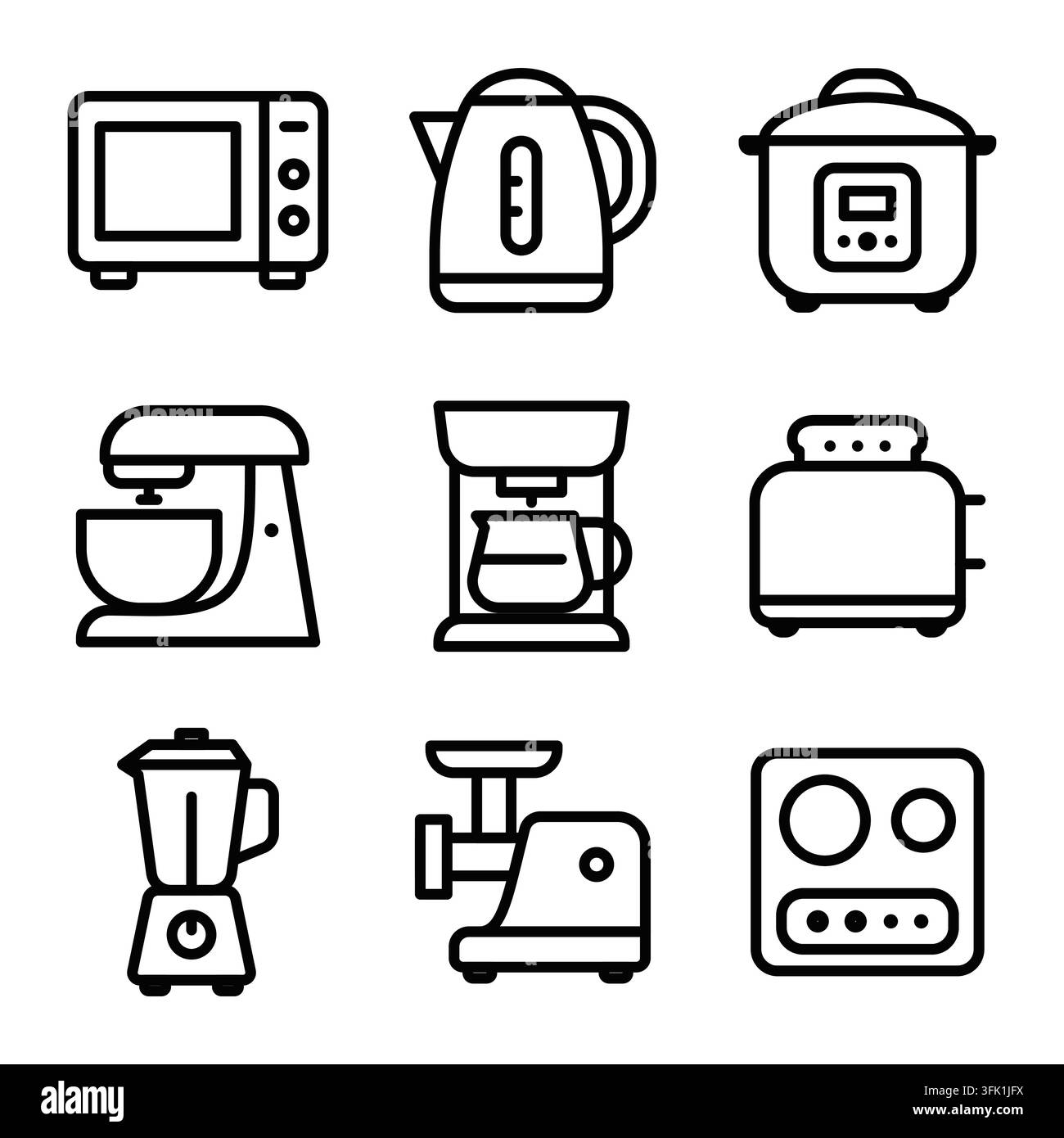 Set di nove icone essenziali di elettrodomestici da cucina: mixer, tostapane, frullatore, bollitore. Tratto modificabile Illustrazione Vettoriale