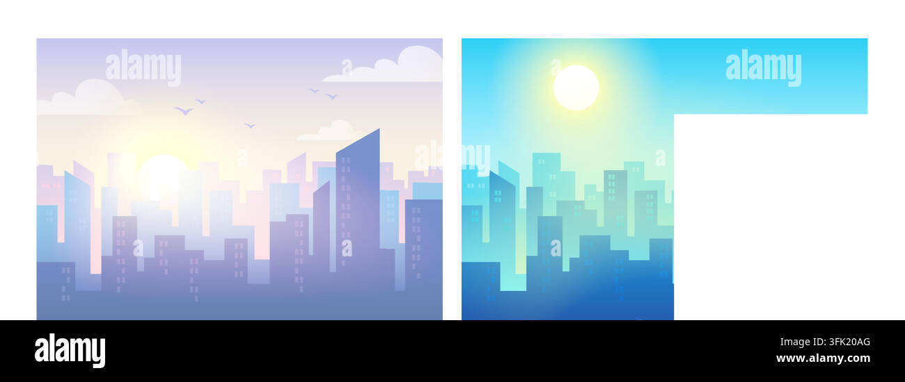 Città giorno e notte. Cielo mattina, pomeriggio o tramonto sole. Paesaggio minimale di edifici diurno, paesaggio urbano tra le nuvole, architettura moderna. Sfondi orizzonte. Set di illustrazioni in stile piatto vettoriale Illustrazione Vettoriale