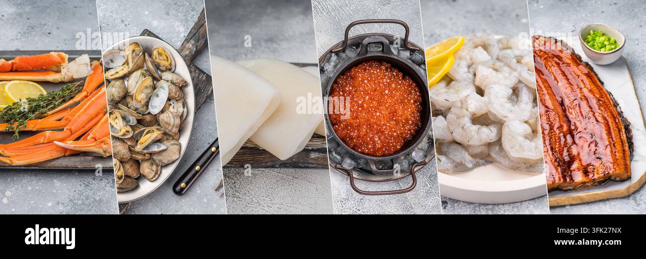 Collage di frutti di mare a sei pannelli con zampe di granchio, vongole, calamari, caviale rosso, gamberetti sbucciati e anguilla glassata con agrumi su sfondi chiari. Foto Stock