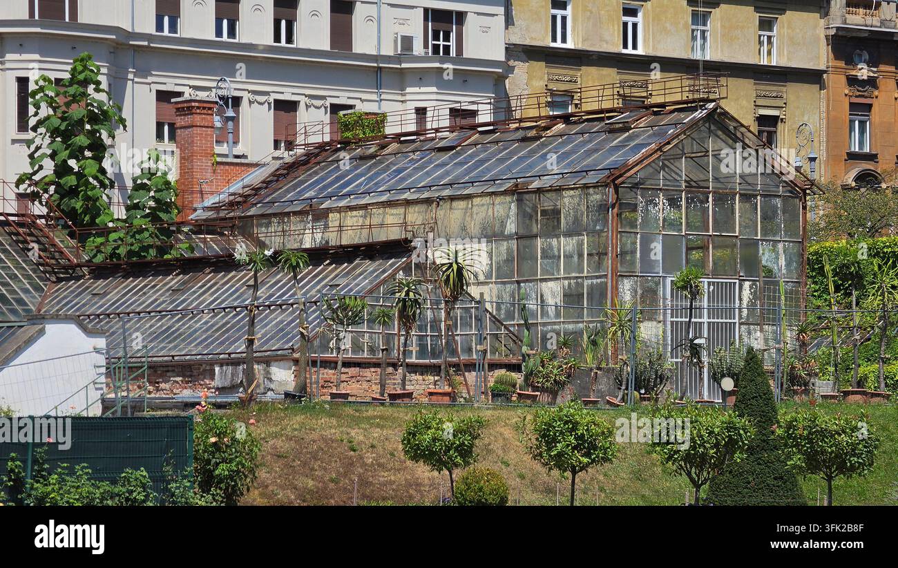 Vecchia serra di vetro con struttura metallica arrugginita, situata in un giardino botanico circondata da piante di aloe in vaso e vegetazione curata su uno sfondo europeo Foto Stock