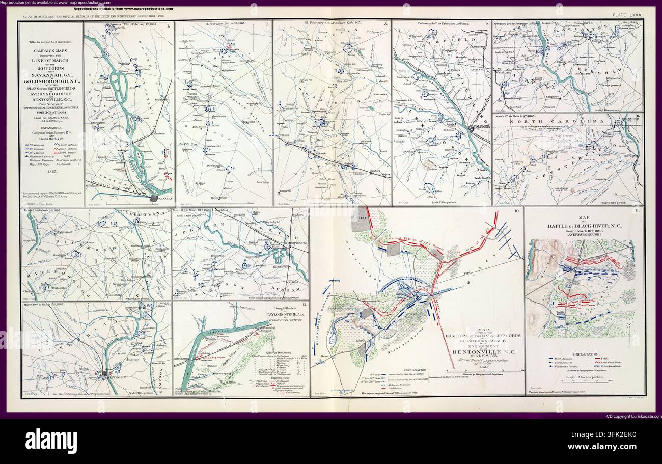 SEATTLE - 11 OTT. 2025 - Mappe della campagna militare della Guerra Civile del 1865 che mostrano movimenti delle truppe, campi di battaglia, tattiche e operazioni strategiche su carta antica Foto Stock