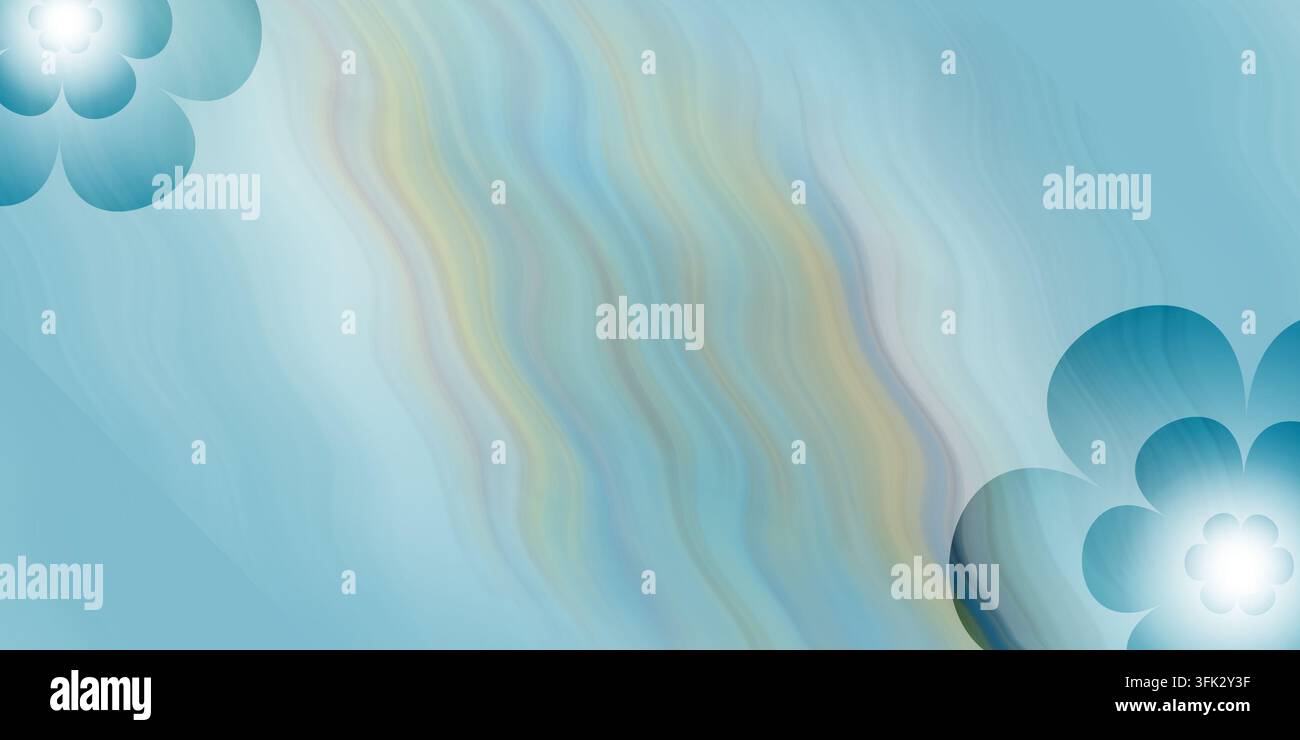 Uno sfondo astratto con onde blu e verdastre fluenti e fiori blu stilizzati negli angoli superiori sinistro e inferiori destro. Foto Stock