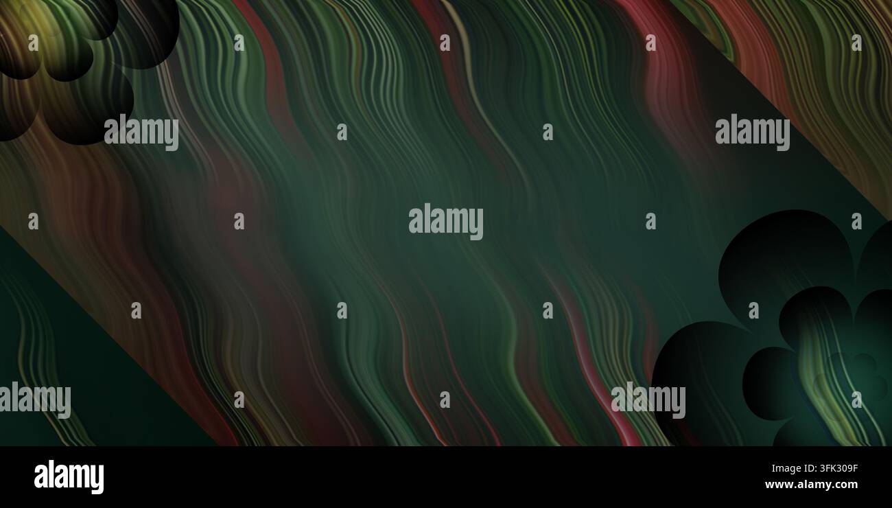 sfondo astratto verde scuro e malinconico adornato con linee ondulate dense e forme floreali scure posizionate negli angoli opposti Foto Stock
