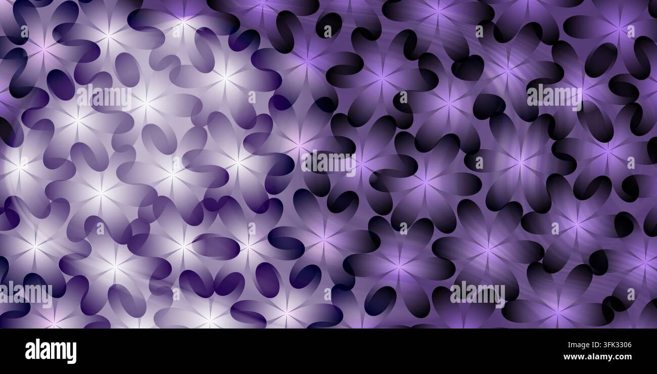 Sfondo astratto viola senza cuciture con forme di fiori o petali che si sovrappongono e centri con sfumatura bianca e viola luminosi. Foto Stock