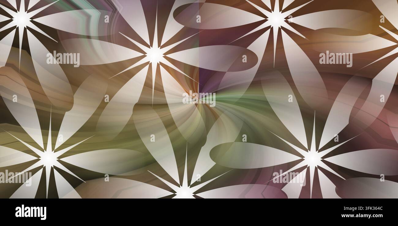 Uno sfondo di arte digitale astratta con forme stilizzate di stelle floreali bianche su uno sfondo dinamico a vortici multicolori. Foto Stock