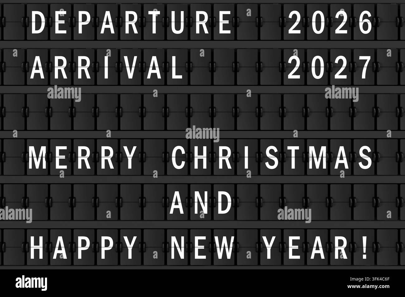 Tabella meccanica a scatto per annunci aeroportuali con cartello Hapy Merry Christmas e Happy New 2027 Year in primo piano estremo. Rendering 3D Foto Stock