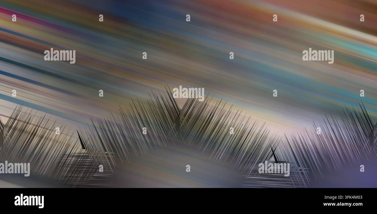 Opera d'arte astratta complessa che mostra strisce diagonali multicolori che si fondono in uno sfondo scuro con dettagli appuntiti e nitidi. Foto Stock