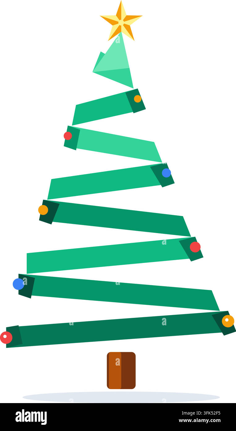 Illustrazione vettoriale piatta moderna di un albero di Natale stilizzato con strati geometrici verdi, ornamenti colorati e una stella dorata su un Illustrazione Vettoriale
