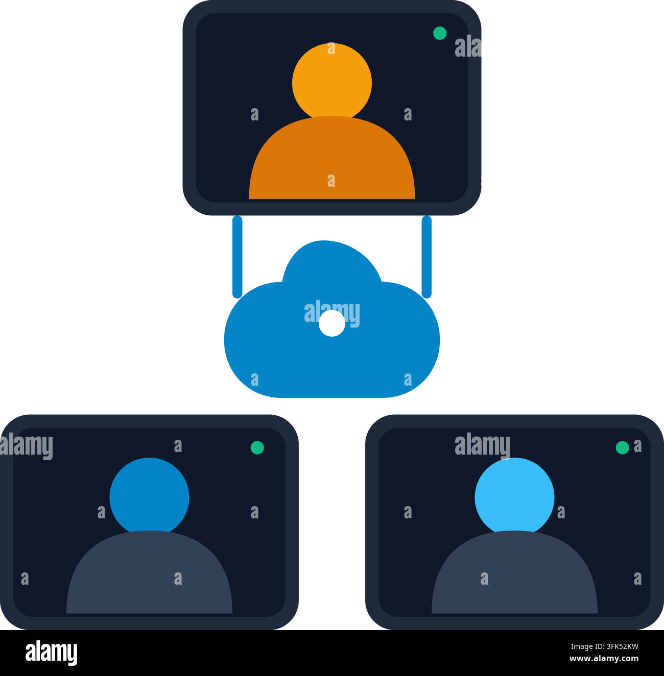 Illustrazione vettoriale di una videoconferenza cloud con tre partecipanti connessi tramite rete Illustrazione Vettoriale