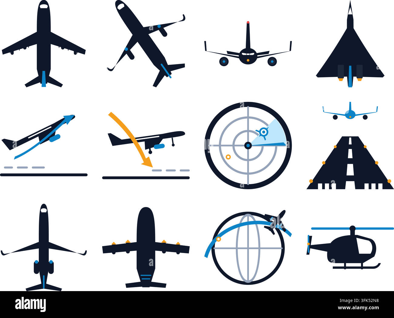 Set di icone vettoriali piatte di aviazione tra cui aerei, elicotteri, radar e traiettorie di volo su sfondo bianco Illustrazione Vettoriale
