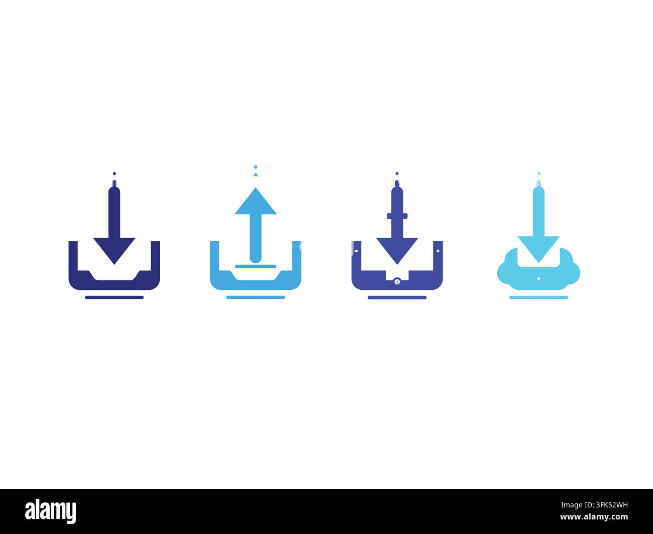 Set di quattro icone vettoriali piatte che rappresentano il download e l'upload di dati, con frecce e simboli di nuvole in blu e viola su bianco. Illustrazione Vettoriale