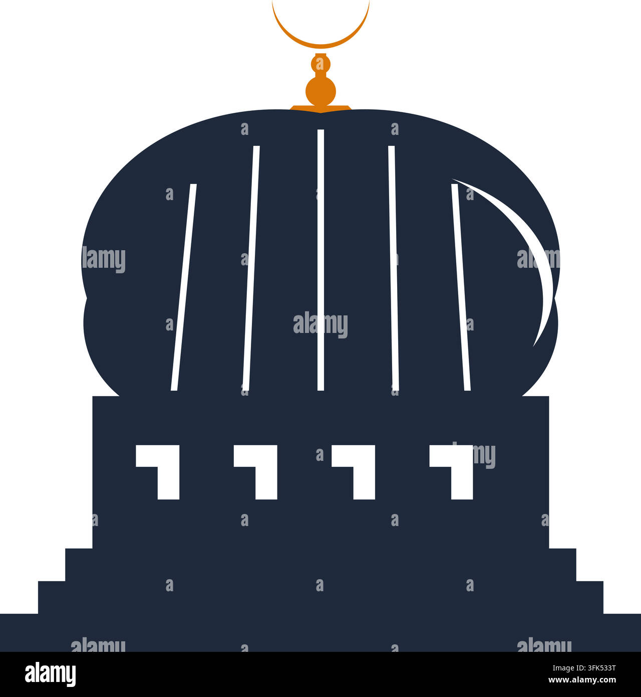 Illustrazione vettoriale piatta di una cupola di moschea blu scuro con terminale a mezzaluna e dettagli architettonici bianchi su sfondo bianco Illustrazione Vettoriale
