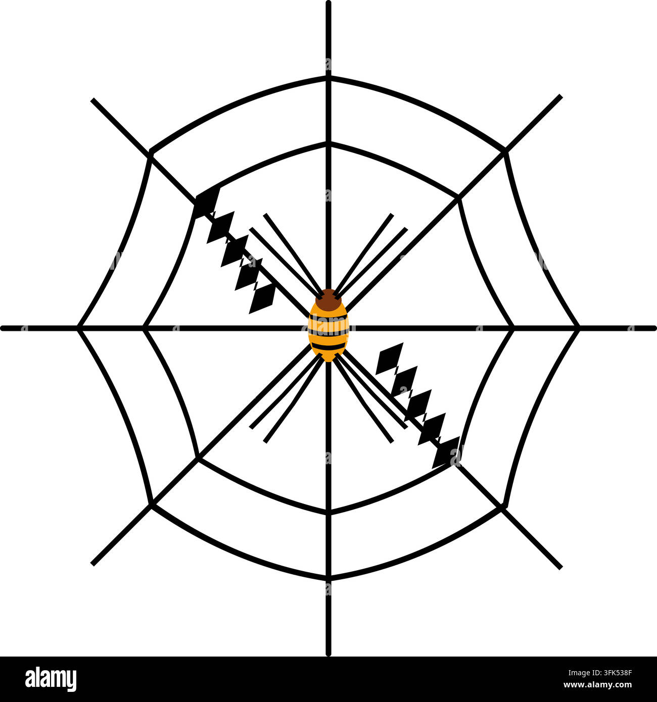 Illustrazione vettoriale di un'ape su una ragnatela con strisce nere e gialle, isolata su sfondo bianco, concetto di Halloween Illustrazione Vettoriale