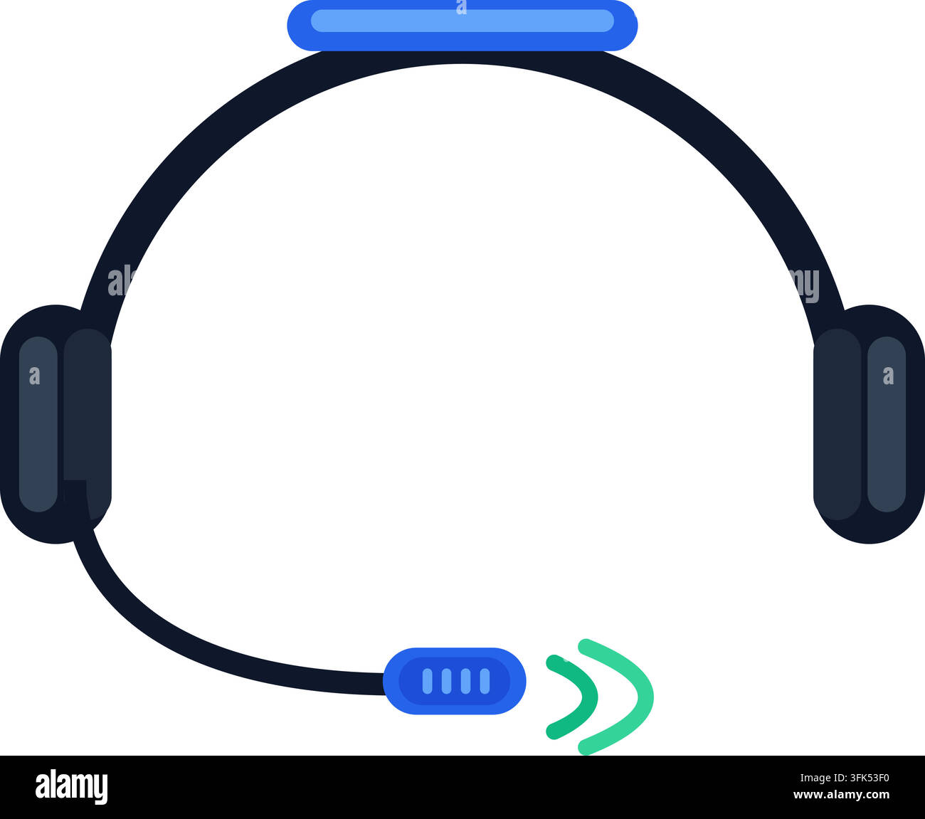 Illustrazione vettoriale moderna di un auricolare nero con accenti blu e onde sonore verdi su sfondo bianco Illustrazione Vettoriale