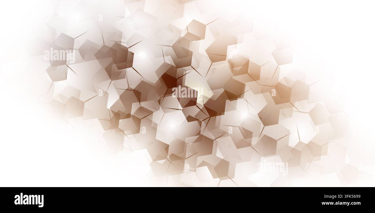 Sfondo tecnologico astratto con forme poligonali geometriche marroni e grigie traslucide con punti luminosi e linee di connessione, isolate su w Foto Stock