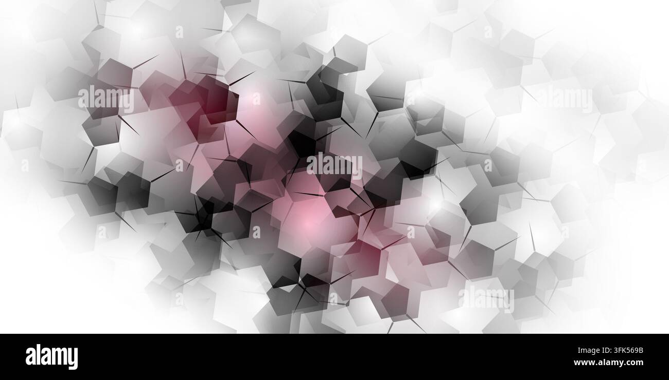 Sfondo tecnologico astratto con forme poligonali geometriche rosa traslucide, nere e grigie con punti luminosi e linee di connessione, isolato Foto Stock