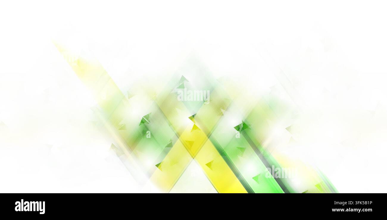 Una composizione artistica digitale astratta con vivaci raggi di luce diagonali verdi e gialli, che creano un motivo geometrico dinamico e moderno. Foto Stock
