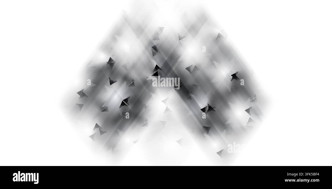 Un design astratto bianco e nero ad alto contrasto con forme geometriche triangolari e strisce di luce intersecanti, che creano una texture sofisticata Foto Stock