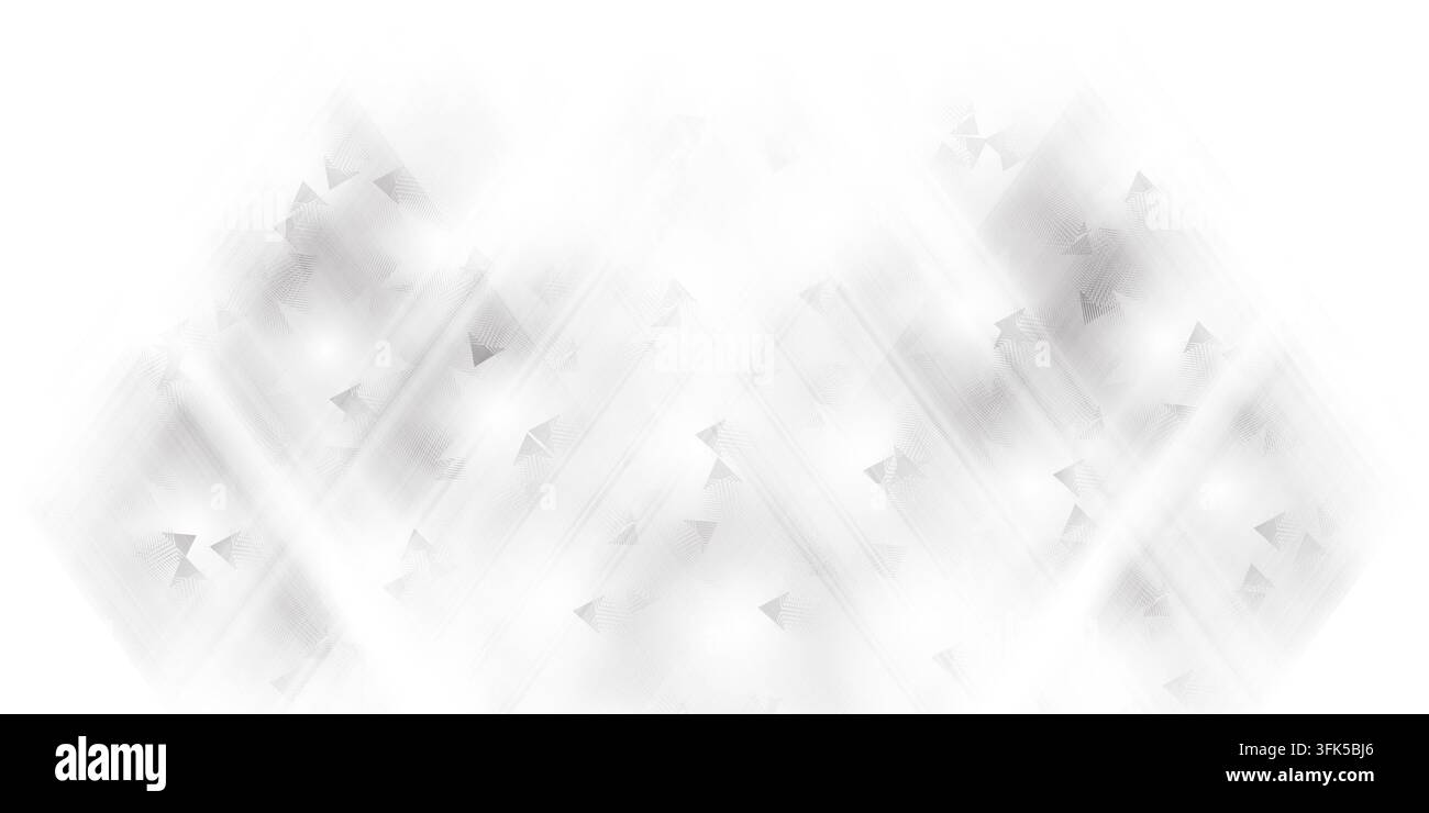 Uno sfondo astratto pulito e minimalista in bianco e grigio chiaro, con morbide strisce di luce diagonali e piccoli triangoli geometrici sparsi. Foto Stock