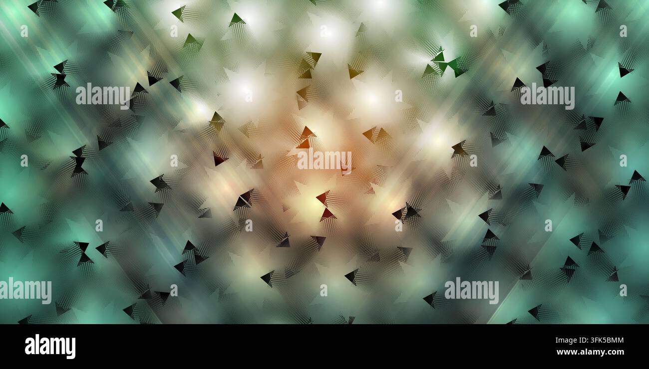 Uno sfondo astratto complesso che mescola tonalità di verde scuro e arancione, con una sovrapposizione testurizzata di piccole forme triangolari scure e punti di luce brillanti Foto Stock