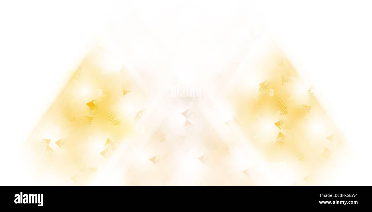 Un design astratto dinamico con elementi triangolari dorati luminosi disposti in un modello strutturato, isolati su sfondo bianco. Foto Stock