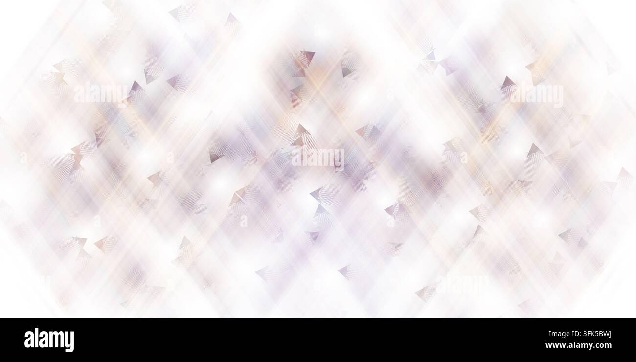 Una composizione astratta con linee diagonali morbide e intersecanti e motivi triangolari in tonalità delicate di viola e arancione su uno sfondo bianco. Foto Stock