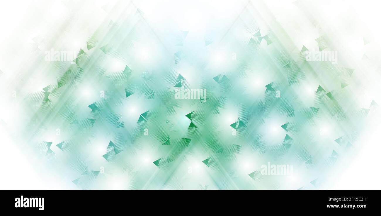 Uno sfondo digitale astratto con un motivo a griglia diagonale e sfumature morbide di verde e bianco, accentuato da piccole forme triangolari sparse. Foto Stock