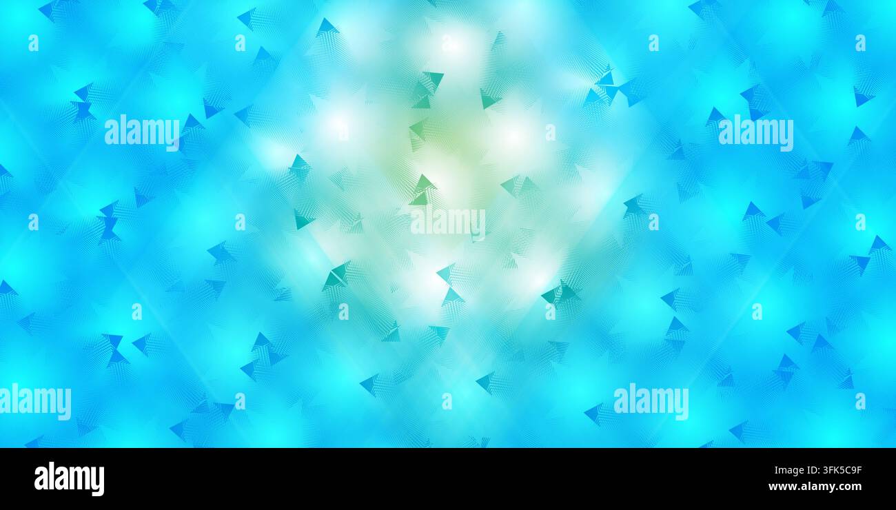 Uno sfondo astratto luminoso, di tono ciano, pieno di piccole forme triangolari sparse e di effetti di luce morbida e brillante in un design digitale moderno. Foto Stock