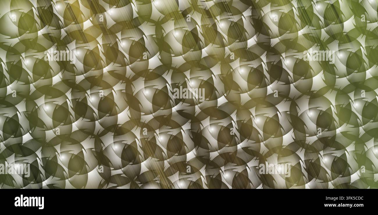 Un design di sfondo astratto con motivi circolari sovrapposti, una texture metallica spazzolata e riflessi di luce nelle tonalità del verde oliva. Foto Stock