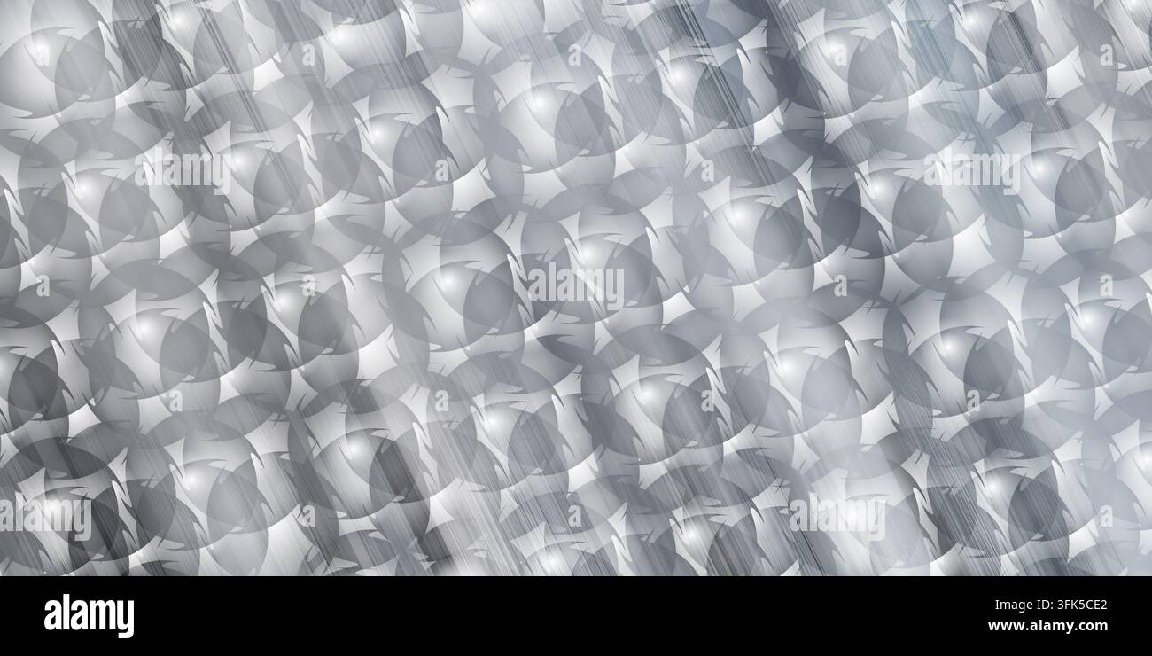 Un design astratto di sfondo con motivi circolari sovrapposti, una texture metallica spazzolata e sottili riflessi di luce in tonalità di grigio. Foto Stock