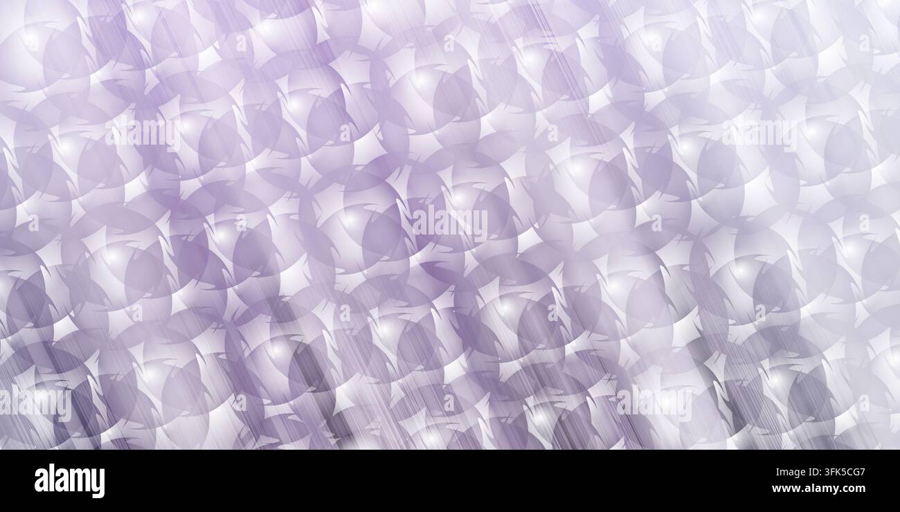 Uno sfondo astratto con un motivo fitto di forme circolari sovrapposte con una sottile texture spazzolata e effetti di luce morbida in viola tenue Foto Stock