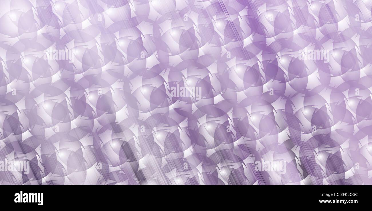 Uno sfondo astratto vibrante con un motivo denso di forme circolari viola sovrapposte con sottili strisce di luce e riflessi luminosi attraverso Foto Stock