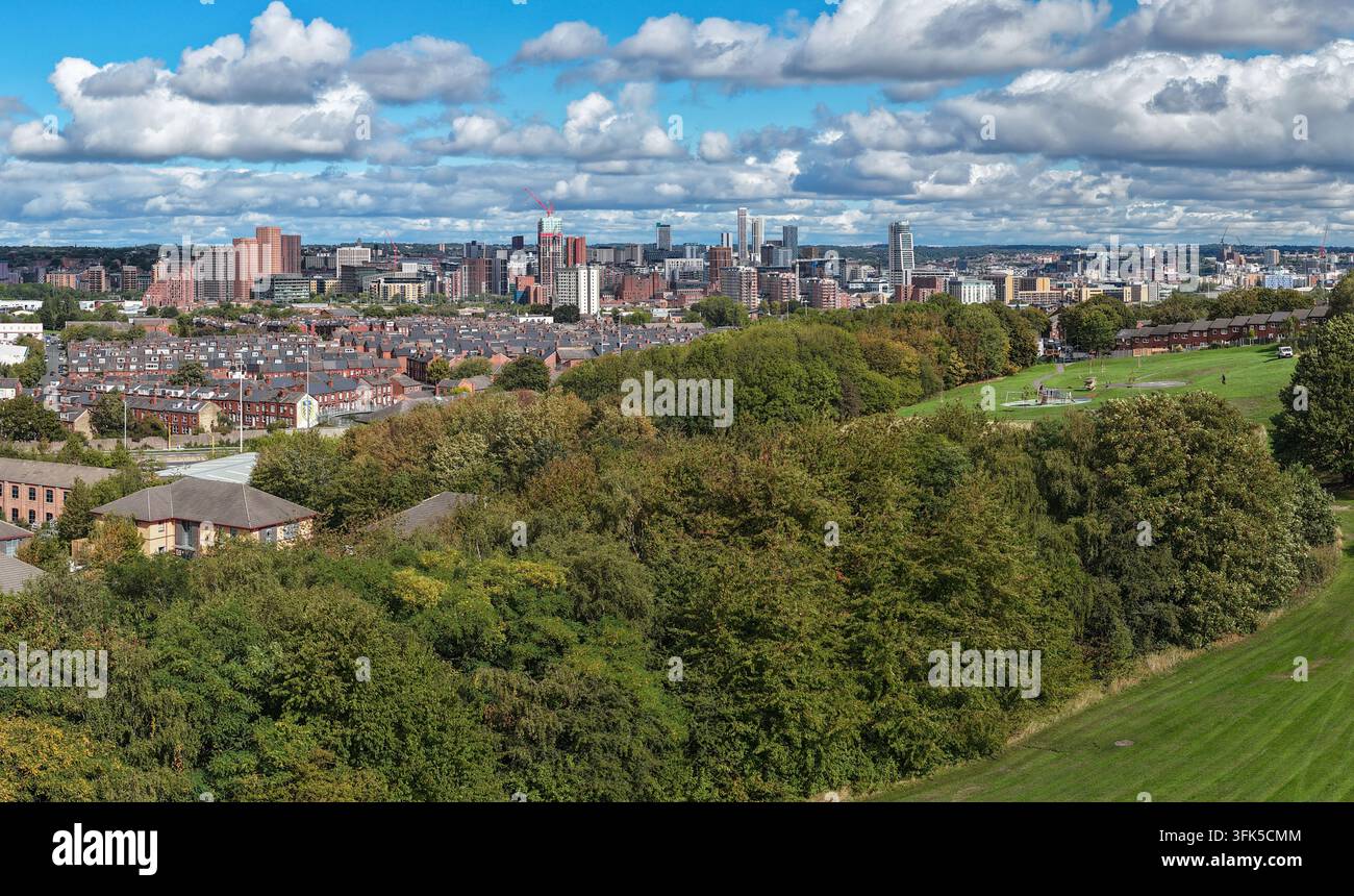 Immagine aerea sopra il bosco di Holbeck in direzione dello skyline del centro città di Leeds Foto Stock