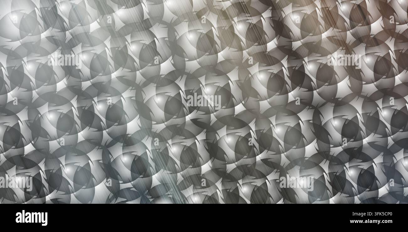 Un sofisticato sfondo astratto caratterizzato da un motivo di forme circolari sovrapposte con una sottile texture metallizzata spazzolata in sfumature di grigio e S. Foto Stock
