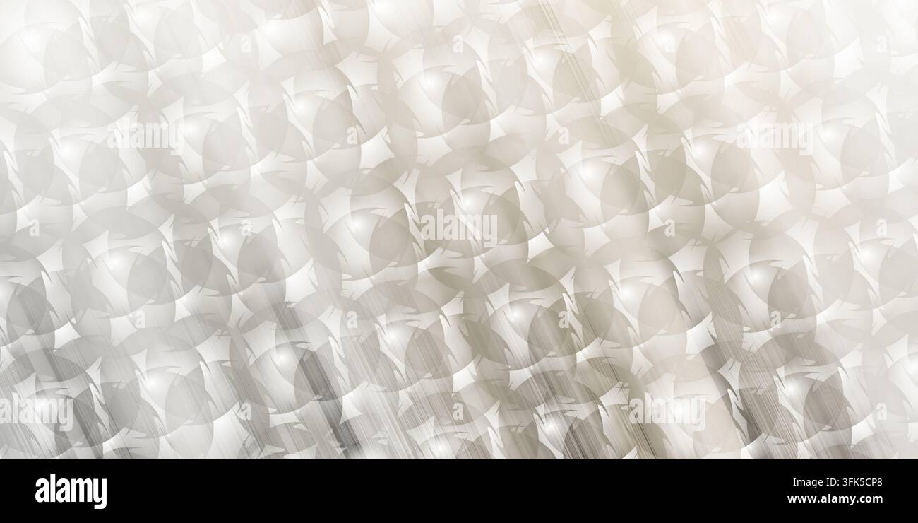 Un modello astratto dinamico con strati di cerchi grigi traslucidi, una sottile trama metallica spazzolata e riflessi luminosi brillanti presenti ovunque. Foto Stock