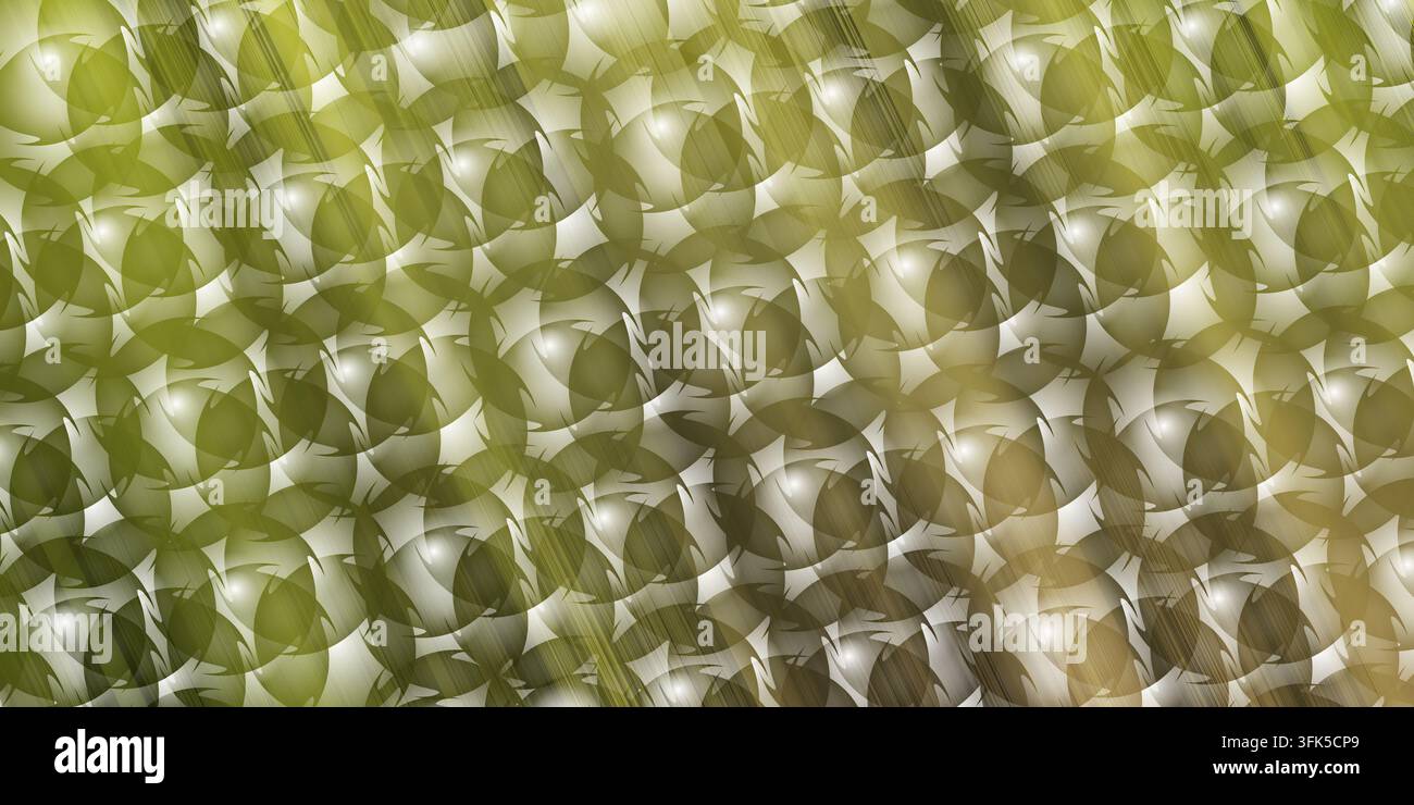 Uno sfondo astratto che mescola tonalità di verde oliva e oro con un motivo ripetitivo di forme circolari sovrapposte e riflessi di luce diagonali. Foto Stock