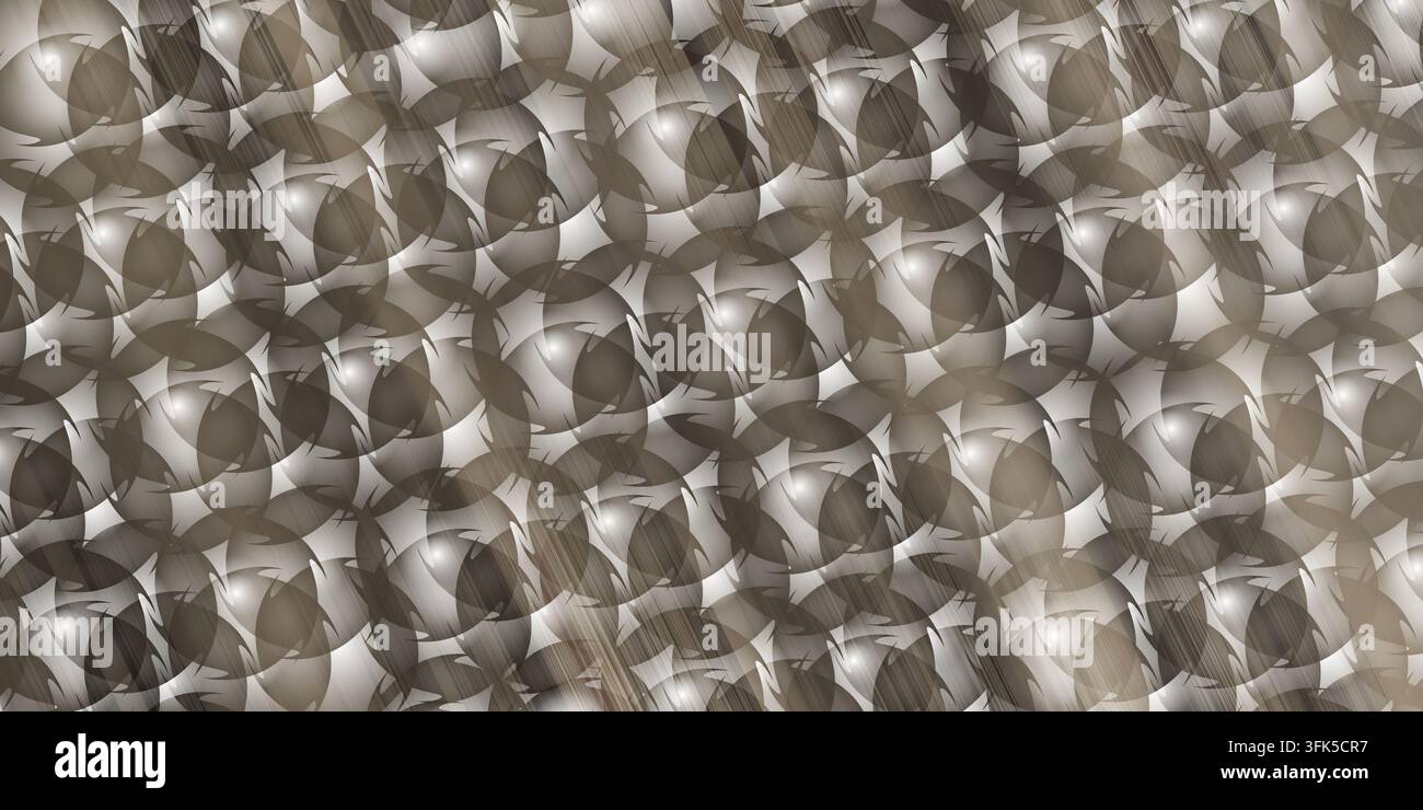 Uno sfondo astratto dinamico con un motivo di forme circolari sovrapposte con una sottile texture metallica spazzolata e riflessi di luce morbida. Foto Stock