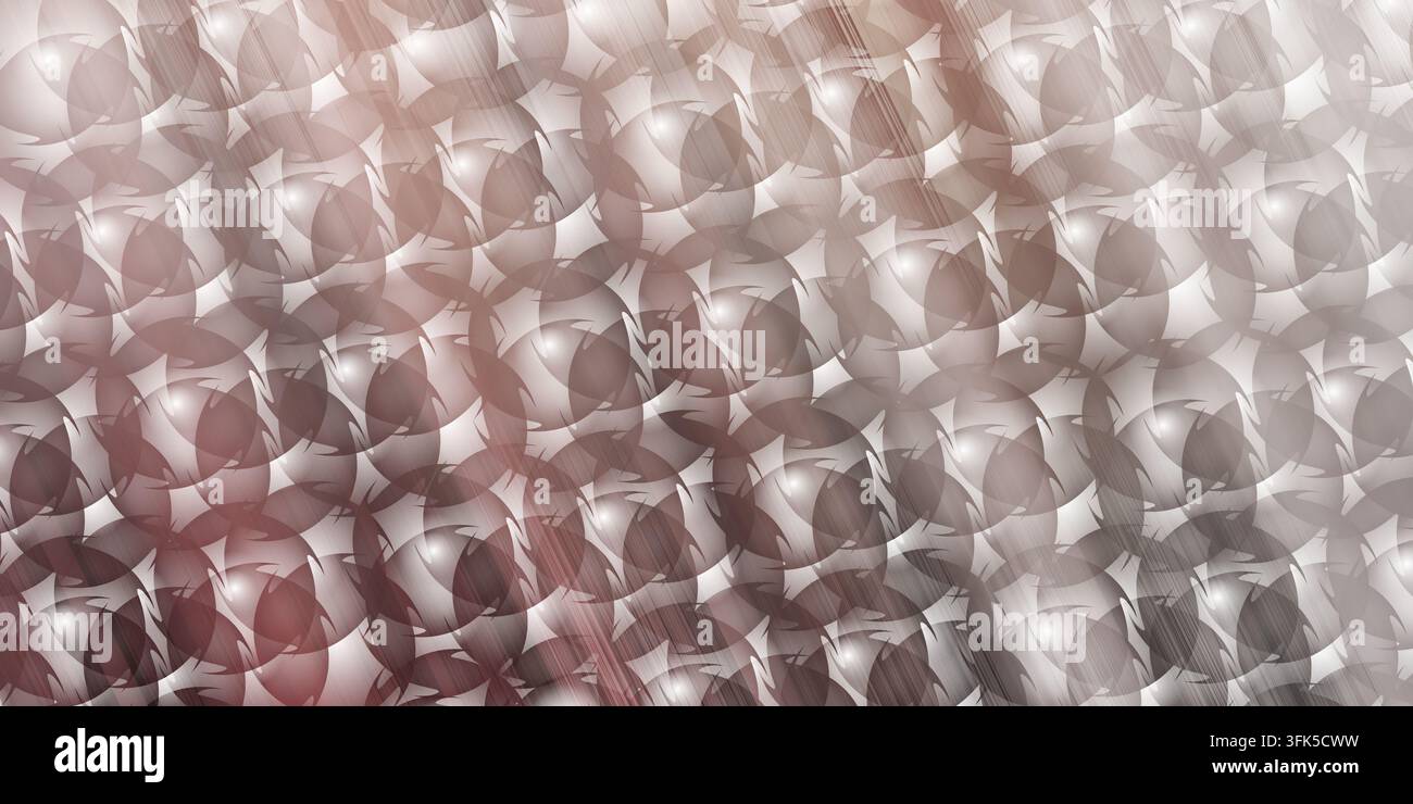 Un design astratto composto da un motivo ripetitivo di forme circolari sovrapposte in tonalità di grigio e rosso smorzato, con una texture metallica spazzolata Foto Stock