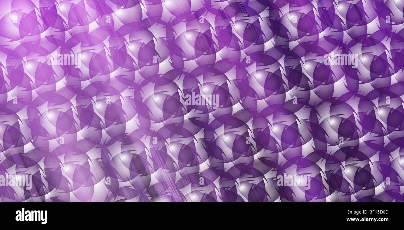 Uno sfondo astratto viola ad alta risoluzione con un motivo fitto di forme circolari sovrapposte con una sottile texture metallica e strisce di luce Foto Stock