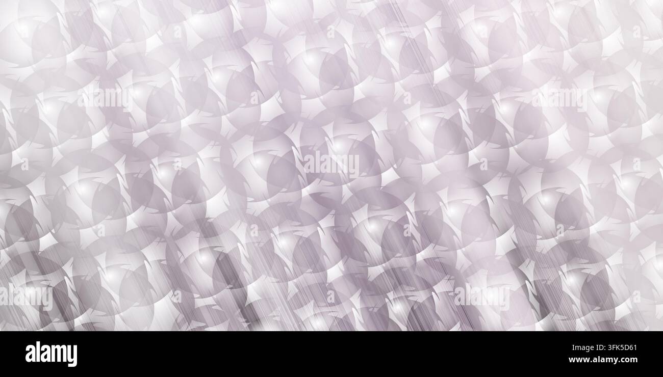 Un design di sfondo astratto con un motivo di forme circolari sovrapposte e un sottile effetto striscia di luce in una morbida tonalità grigio-viola fredda Foto Stock