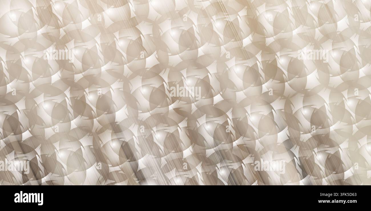 Un disegno di sfondo astratto con un motivo di forme circolari sovrapposte e un effetto sottile di strisce di luce con toni beige morbidi e caldi. Foto Stock