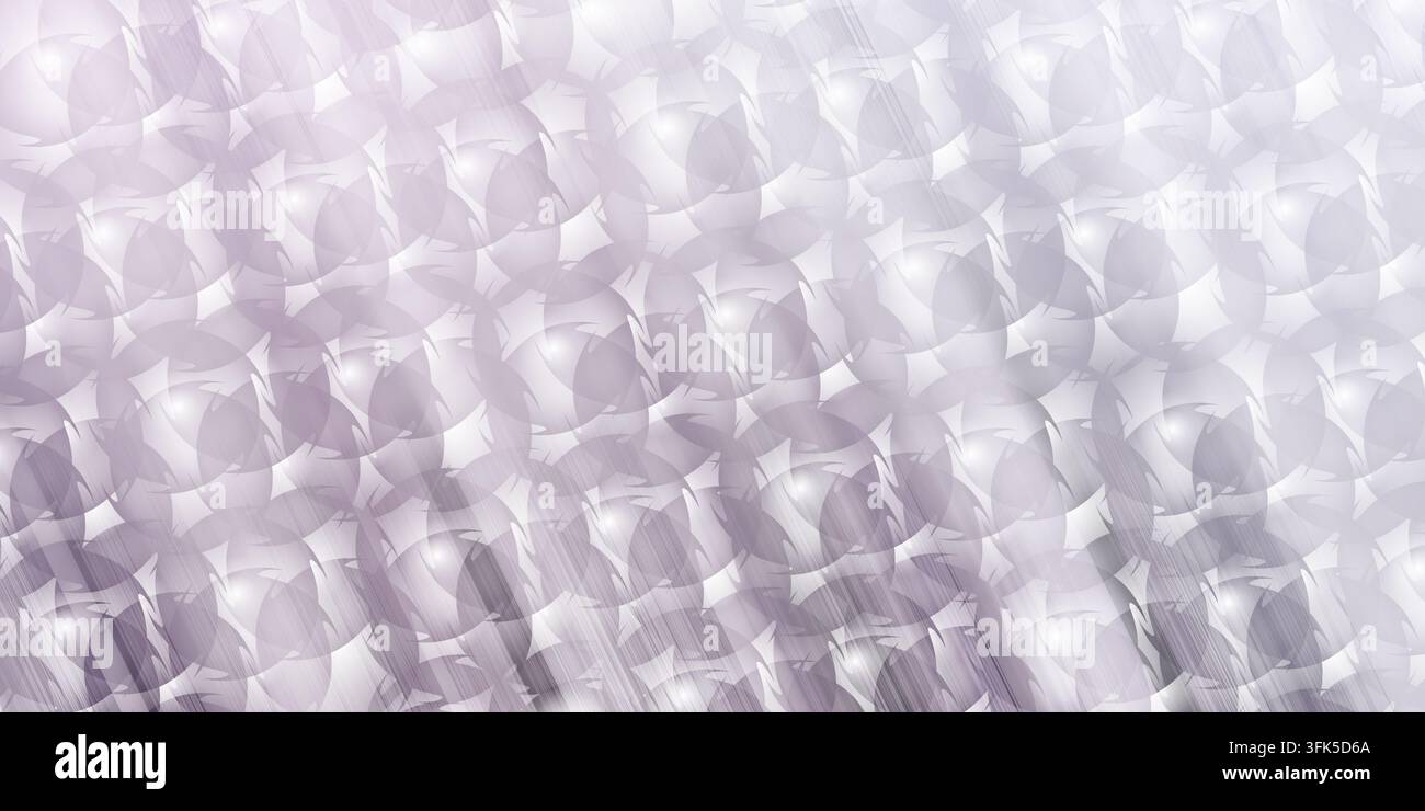 Uno sfondo astratto moderno con un motivo di cerchi traslucidi che si sovrappongono in sfumature di viola, accentuato da sottili strisce di luce diagonali e Foto Stock