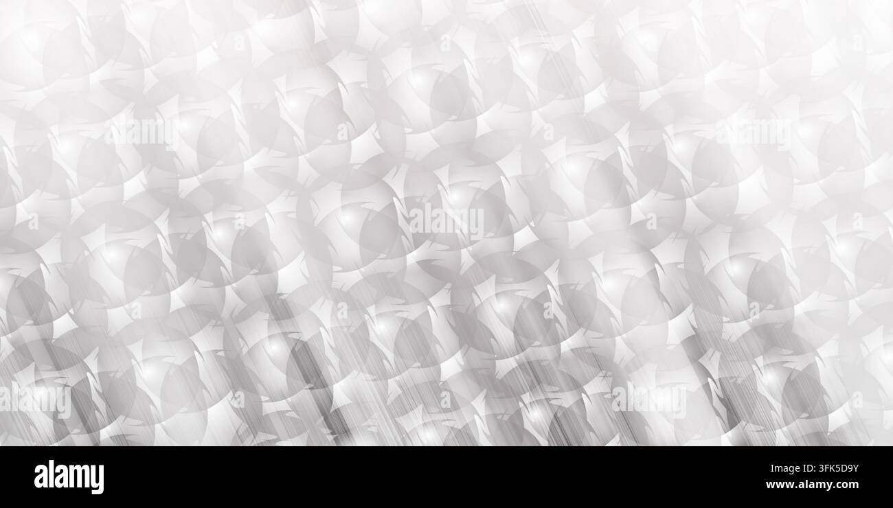Un disegno di sfondo astratto con un motivo di forme circolari sovrapposte e una sottile texture metallica spazzolata nelle tonalità del grigio e dell'argento. Foto Stock