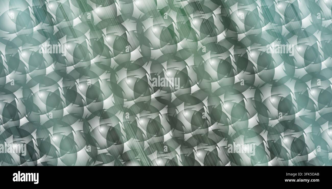 Un disegno di sfondo astratto con un motivo di forme circolari sovrapposte e una sottile texture metallica spazzolata in tonalità di verde profondo. Foto Stock