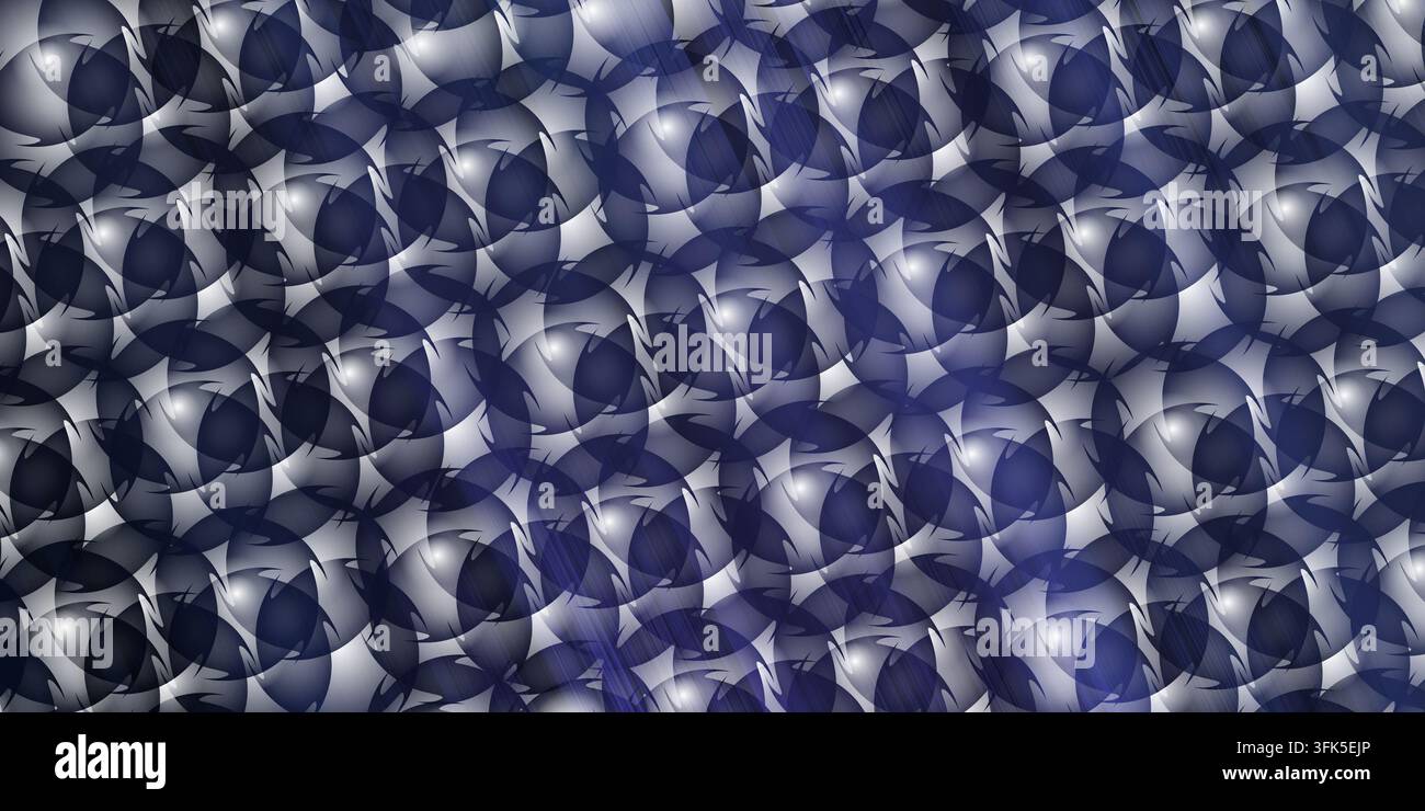 Uno sfondo astratto sofisticato con un motivo di forme circolari blu scuro che si sovrappongono, con un sottile effetto raggio di luce e riflessi luminosi Foto Stock