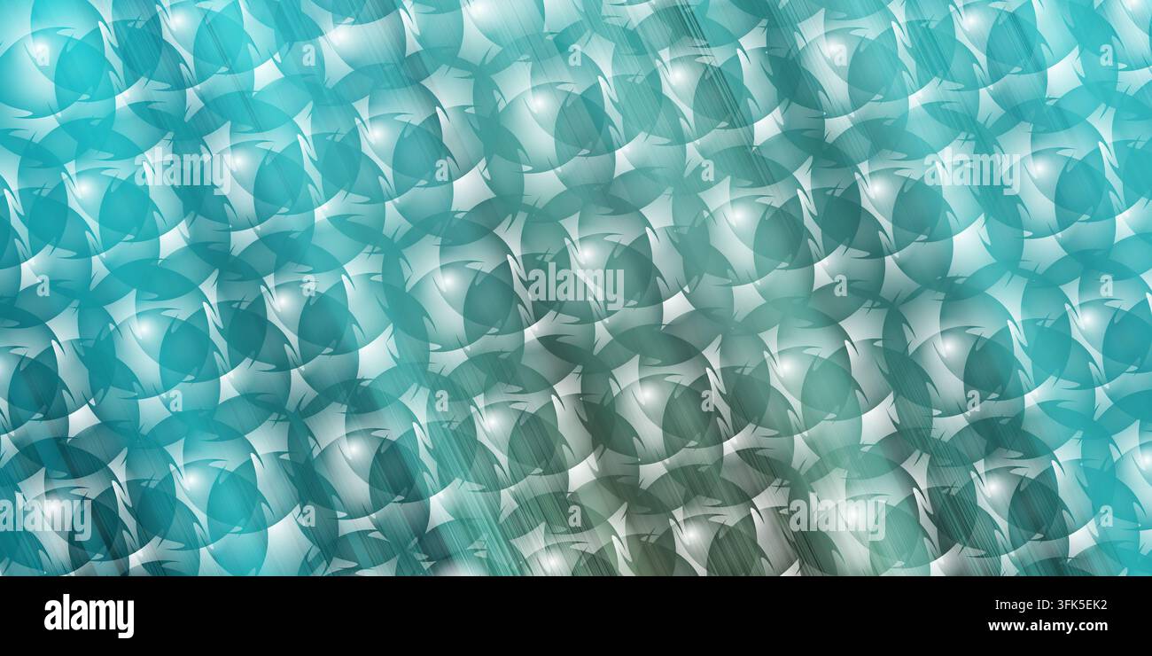 Uno sfondo astratto vibrante con un motivo di forme circolari blu-verdi sovrapposte con un sottile effetto raggio di luce e riflessi luminosi ovunque Foto Stock