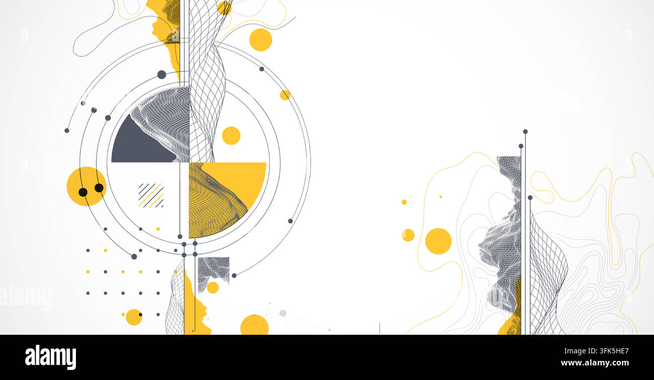Composizione minimale astratta con montagne in wireframe e forme geometriche. Vettore Illustrazione Vettoriale