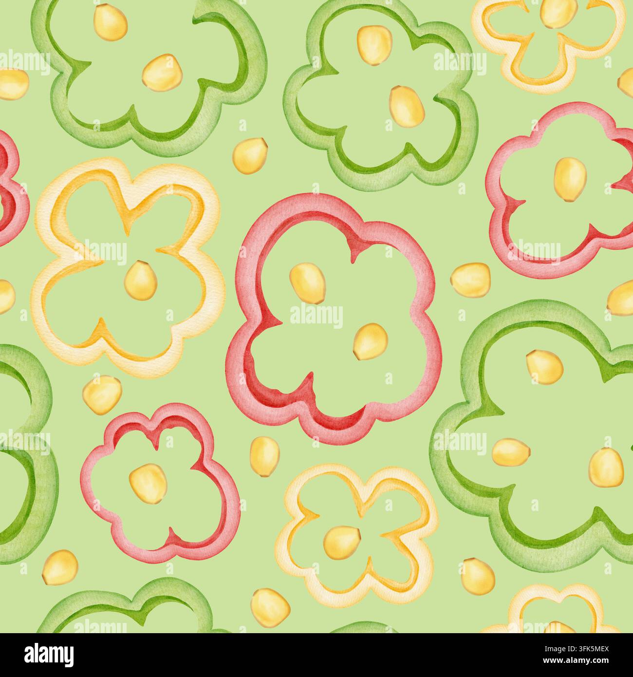 Motivo senza cuciture ad acquerello con anelli di peperone affettati, pezzi e semi. Illustrazione di fette di verdure colorate disegnate a mano per la cucina e il cibo d Foto Stock