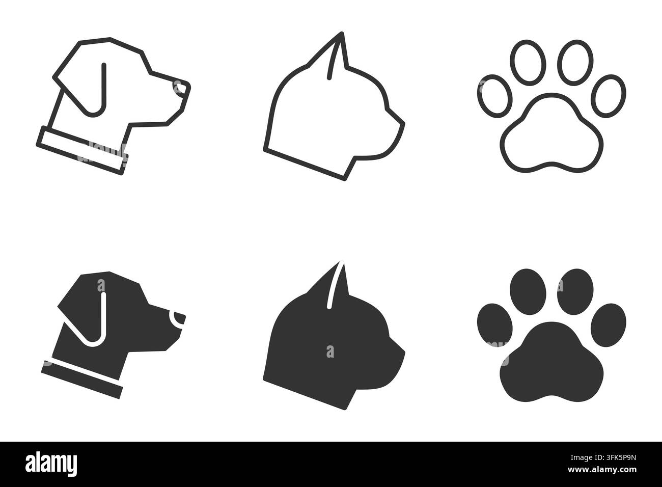 Icone di cane e gatto con impronte di zampe in design minimalista bianco e nero Illustrazione Vettoriale