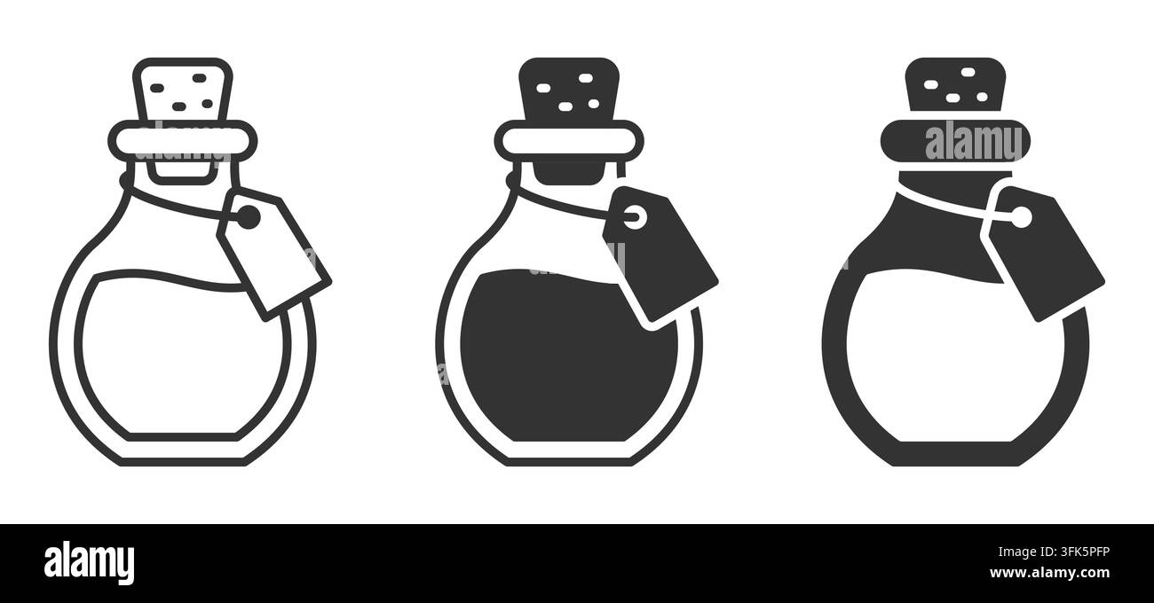 Set di tre bottiglie di pozioni con tappi e etichette in stile monocromo Illustrazione Vettoriale